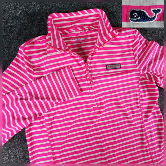 Vineyard Vines Tops - Vineyard Vines Performance Stripe Sankaty Shep 1/4 Zip Pink & White Women's Sz S